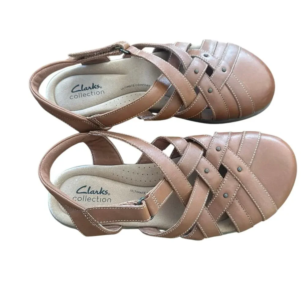 Clarks Elizabelle Fisherman Sea Woven Strappy Slingback Sandals Tan Leather 8.5